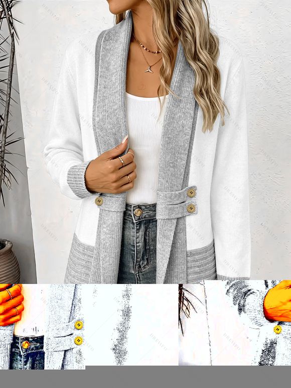 Casual Cardigan Open Front Colorblock Shawl‑Collar with Decorative Double‑Breasted Buttons Long Sleeve Sweater - Gris XXL | US 14