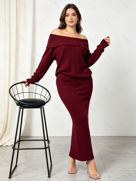 Solid Color Women Outfit Off the Shoulder Textured Sweater and Bodycon Maxi Skirt Set - Rouge Vineux S | US 4