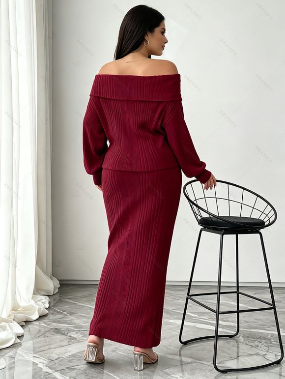 Solid Color Women Outfit Off the Shoulder Textured Sweater and Bodycon Maxi Skirt Set - Rouge Vineux S | US 4