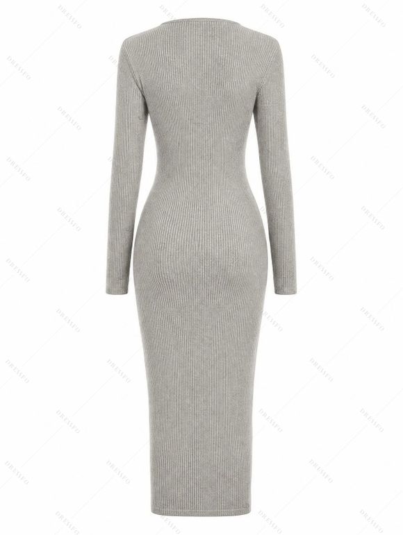Solid Color Sweater Dress Ribbed Ruched Long Sleeve Slit Knitted Dress - Gris Clair XL | US 12