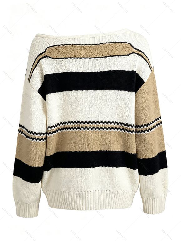 Skew Neck Sweater Colorblock Striped Geometric Hollow Out Long Sleeve Pullover Sweater - multicolor S | US 4