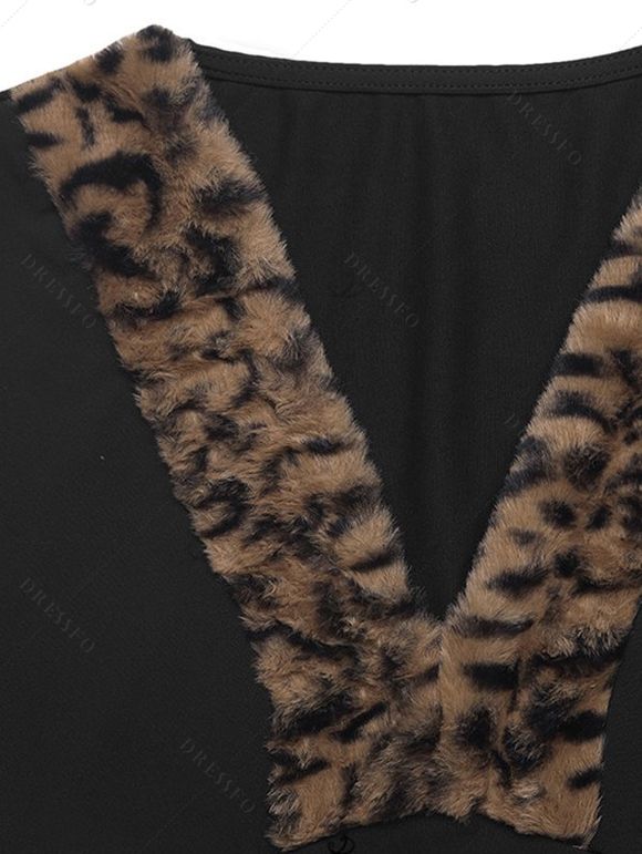 Vintage Top Leopard Print Panel Plunging Neck Long Sleeve Pullover Top - Noir S | US 4