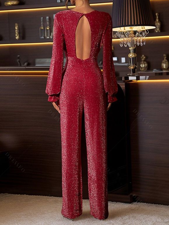 Vintage Jumpsuit Solid Color Glitter Long Sleeve Ruffle Cuff High‑Waist Jumpsuit with Back Cutout - Rouge S | US 4