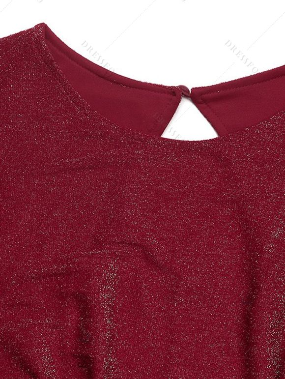 Vintage Jumpsuit Solid Color Glitter Long Sleeve Ruffle Cuff High‑Waist Jumpsuit with Back Cutout - Rouge S | US 4