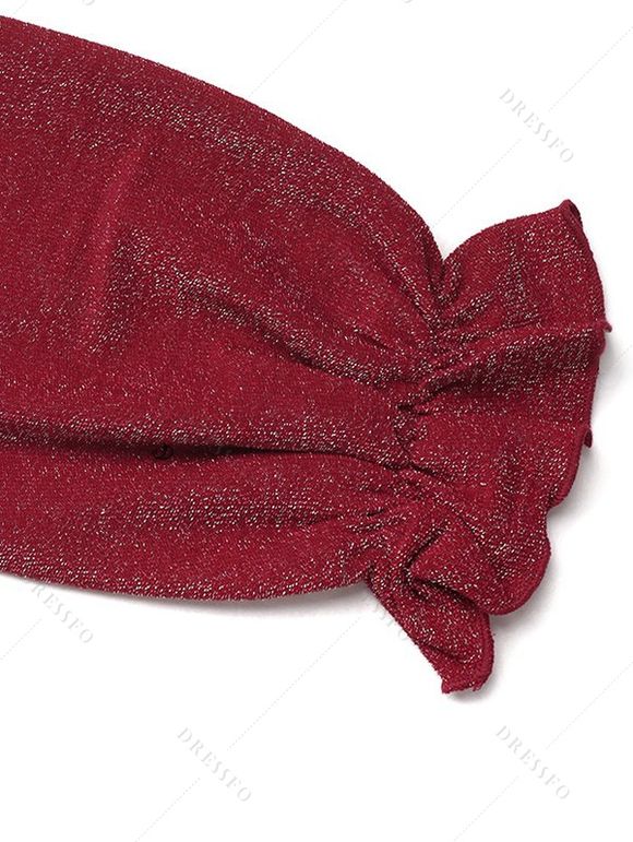 Vintage Jumpsuit Solid Color Glitter Long Sleeve Ruffle Cuff High‑Waist Jumpsuit with Back Cutout - Rouge S | US 4