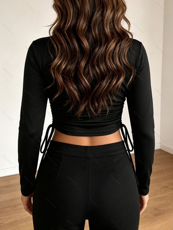 Punk Style Top Rivet V Notched Cinched Long Sleeve Solid Color Pullover Top - Noir S | US 4
