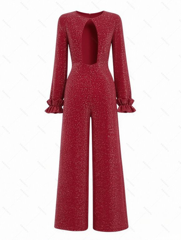 Vintage Jumpsuit Solid Color Glitter Long Sleeve Ruffle Cuff High‑Waist Jumpsuit with Back Cutout - Rouge L | US 8-10