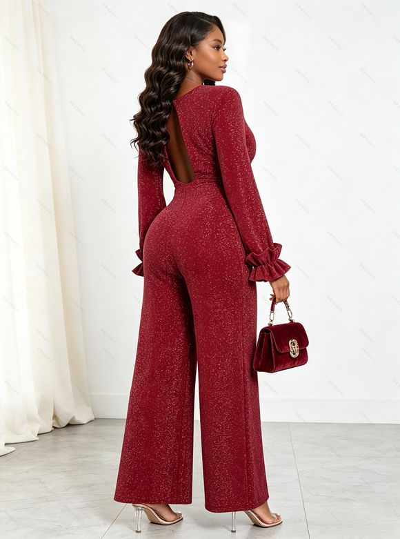 Vintage Jumpsuit Solid Color Glitter Long Sleeve Ruffle Cuff High‑Waist Jumpsuit with Back Cutout - Rouge L | US 8-10