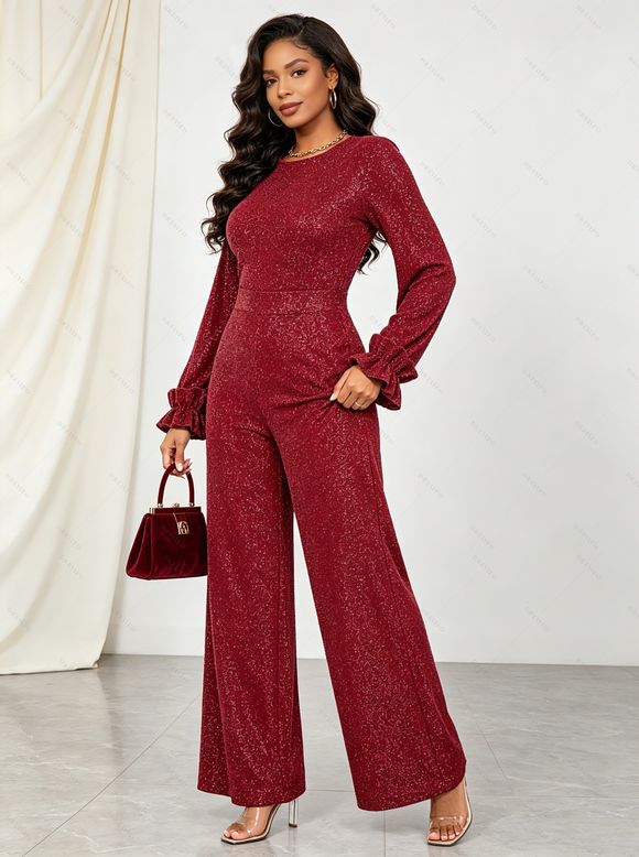Vintage Jumpsuit Solid Color Glitter Long Sleeve Ruffle Cuff High‑Waist Jumpsuit with Back Cutout - Rouge L | US 8-10