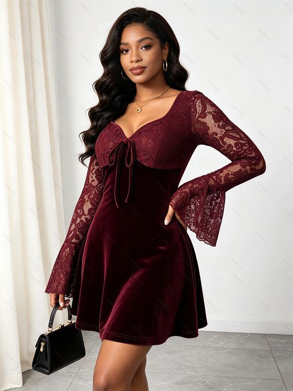 Party Dress Velvet Lace Panel Tied Ruched Bell Sleeve Mini Prom Dress - Rouge Vineux M | US 6