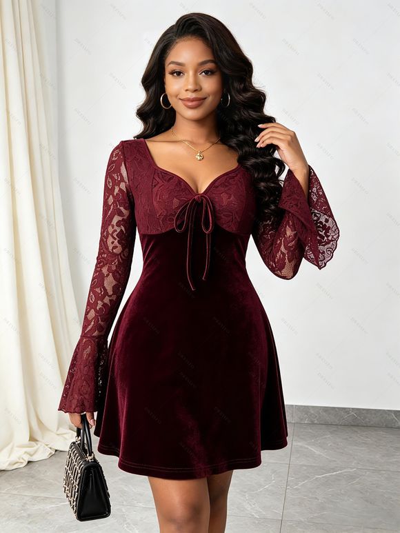 Party Dress Velvet Lace Panel Tied Ruched Bell Sleeve Mini Prom Dress - Rouge Vineux M | US 6