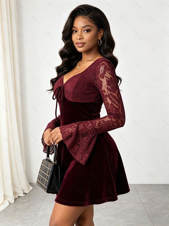 Party Dress Velvet Lace Panel Tied Ruched Bell Sleeve Mini Prom Dress - Rouge Vineux M | US 6