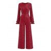 Vintage Jumpsuit Solid Color Glitter Long Sleeve Ruffle Cuff High‑Waist Jumpsuit with Back Cutout - Rouge L | US 8-10