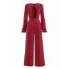 Vintage Jumpsuit Solid Color Glitter Long Sleeve Ruffle Cuff High‑Waist Jumpsuit with Back Cutout - Rouge L | US 8-10