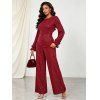 Vintage Jumpsuit Solid Color Glitter Long Sleeve Ruffle Cuff High‑Waist Jumpsuit with Back Cutout - Rouge L | US 8-10