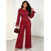 Vintage Jumpsuit Solid Color Glitter Long Sleeve Ruffle Cuff High‑Waist Jumpsuit with Back Cutout - Rouge XL | US 12