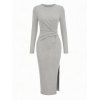 Solid Color Sweater Dress Ribbed Ruched Long Sleeve Slit Knitted Dress - Gris Clair S | US 4