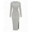 Solid Color Sweater Dress Ribbed Ruched Long Sleeve Slit Knitted Dress - Gris Clair S | US 4