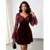 Party Dress Velvet Lace Panel Tied Ruched Bell Sleeve Mini Prom Dress - Rouge Vineux M | US 6
