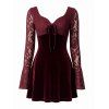 Party Dress Velvet Lace Panel Tied Ruched Bell Sleeve Mini Prom Dress - Rouge Vineux M | US 6