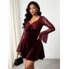 Party Dress Velvet Lace Panel Tied Ruched Bell Sleeve Mini Prom Dress - Rouge Vineux XL | US 12