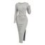 Solid Color Sweater Dress Ribbed Ruched Long Sleeve Slit Knitted Dress - Gris Clair XL | US 12
