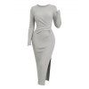 Solid Color Sweater Dress Ribbed Ruched Long Sleeve Slit Knitted Dress - Gris Clair S | US 4