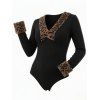 Vintage Top Leopard Print Panel Plunging Neck Long Sleeve Pullover Top - Noir S | US 4