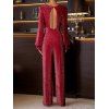 Vintage Jumpsuit Solid Color Glitter Long Sleeve Ruffle Cuff High‑Waist Jumpsuit with Back Cutout - Rouge S | US 4