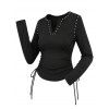 Punk Style Top Rivet V Notched Cinched Long Sleeve Solid Color Pullover Top - Noir S | US 4