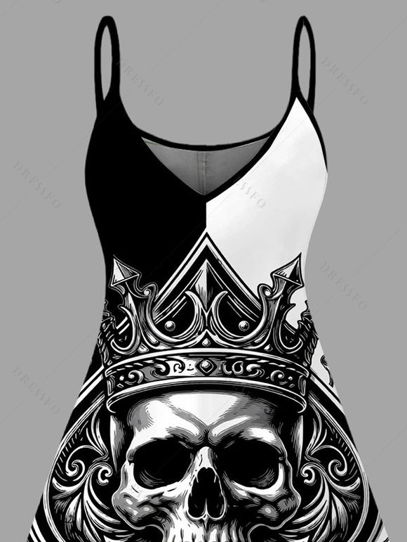 Gothic Dress Skull Crown Poker Playing‑Card Print Spaghetti Strap Mini Dress - Noir XXXXXL | US 20