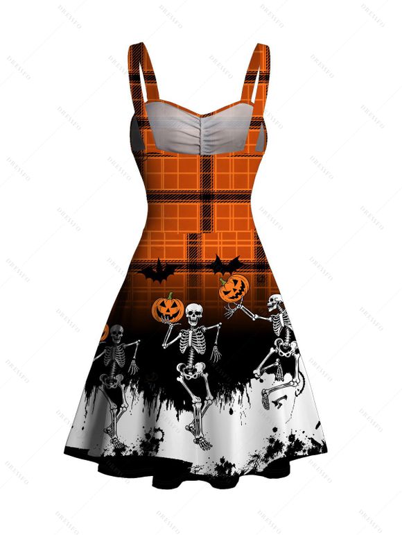 Halloween Dress Vintage Skeleton Skulls Pumpkin Plaid Print Ruched Bust Mini Dress - Orange XXXXXL | US 20