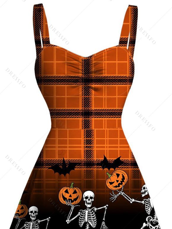 Halloween Dress Vintage Skeleton Skulls Pumpkin Plaid Print Ruched Bust Mini Dress - Orange XXXXXL | US 20