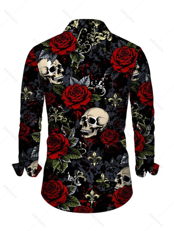 Men's Halloween Gothic Shirt Rose Floral Leaf Skulls Print Long Sleeve Button Up Shirt - Noir L