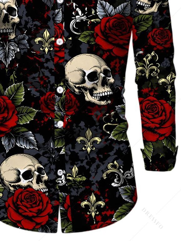 Men's Halloween Gothic Shirt Rose Floral Leaf Skulls Print Long Sleeve Button Up Shirt - Noir L