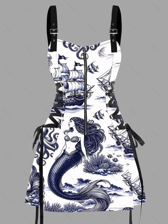 Punk Style Dress Ocean Mermaid Pirate Print Buckle Strap Half Zipper Lace Up Mini Dress - Bleu de Minuit XXL | US 14