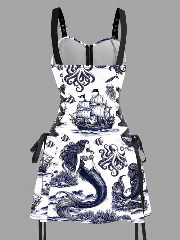 Punk Style Dress Ocean Mermaid Pirate Print Buckle Strap Half Zipper Lace Up Mini Dress - Bleu de Minuit XXL | US 14