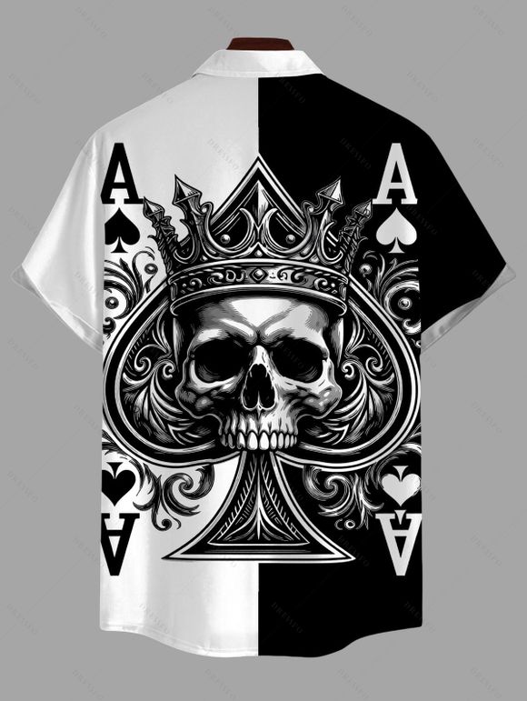 Men's Gothic Shirt Colorblock Skull Crown Poker Playing‑Card Print Button Up Shirt - Noir 5XL
