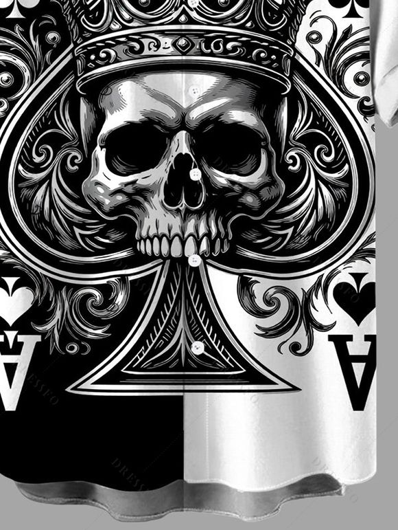 Men's Gothic Shirt Colorblock Skull Crown Poker Playing‑Card Print Button Up Shirt - Noir 5XL