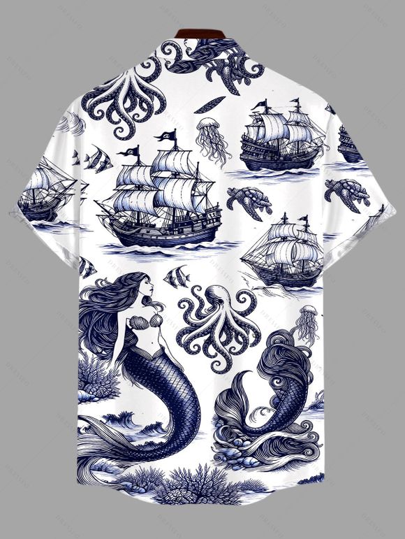 Men's Vintage Shirt Ocean Mermaid Pirate Octopus Print Button Up Shirt - Bleu 5XL