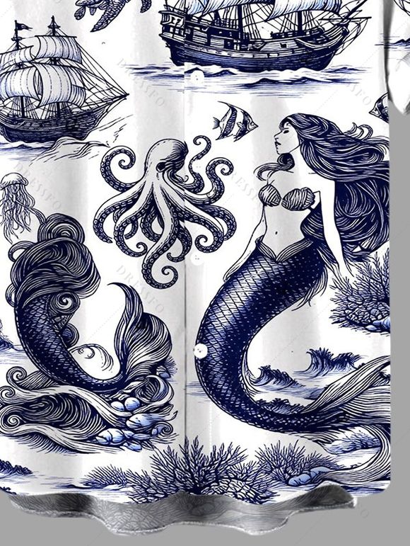 Men's Vintage Shirt Ocean Mermaid Pirate Octopus Print Button Up Shirt - Bleu 5XL
