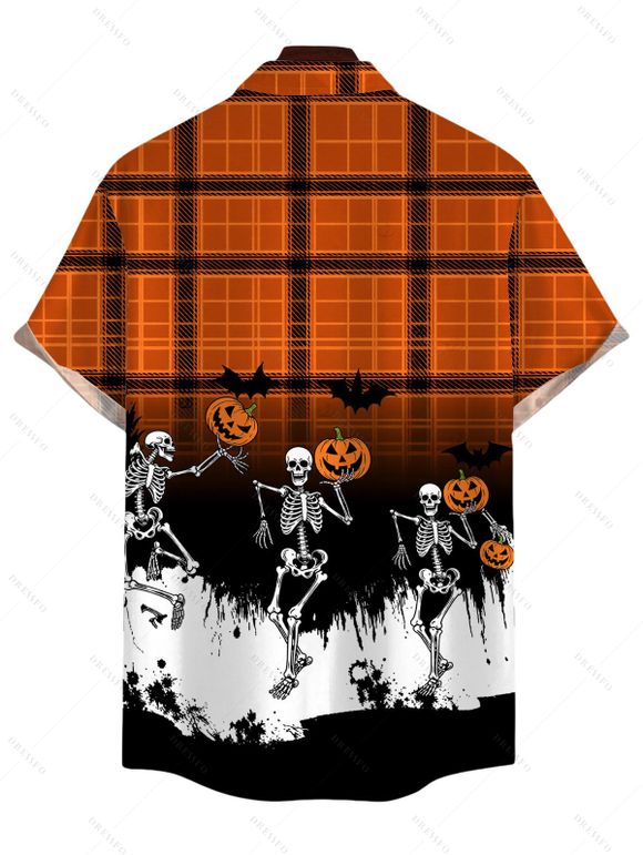 Men's Halloween Shirt Vintage Skeleton Skulls Pumpkin Plaid Print Button Up Shirt - Orange 5XL