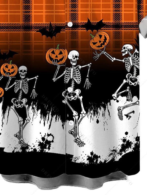 Men's Halloween Shirt Vintage Skeleton Skulls Pumpkin Plaid Print Button Up Shirt - Orange 5XL