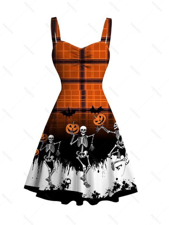 Halloween Couple Outfit Skeleton Skulls Pumpkin Plaid Print Ruched Bust Mini Dress and Shirt Set - Orange S | US 4