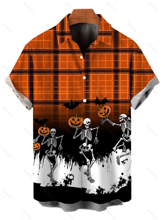 Halloween Couple Outfit Skeleton Skulls Pumpkin Plaid Print Ruched Bust Mini Dress and Shirt Set - Orange S | US 4