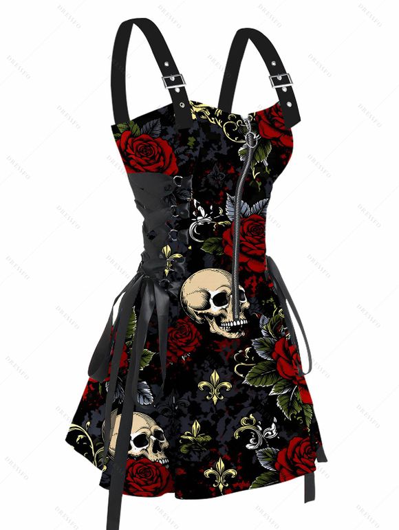 Halloween Gothic Couple Outfit Rose Floral Leaf Skulls Print O Ring Buckle Strap Zipper Lace Up Mini Dress and Shirt Set - Noir S | US 4
