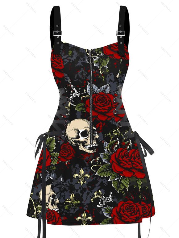 Halloween Gothic Couple Outfit Rose Floral Leaf Skulls Print O Ring Buckle Strap Zipper Lace Up Mini Dress and Shirt Set - Noir S | US 4
