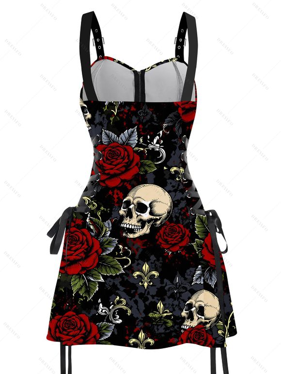 Halloween Gothic Couple Outfit Rose Floral Leaf Skulls Print O Ring Buckle Strap Zipper Lace Up Mini Dress and Shirt Set - Noir S | US 4