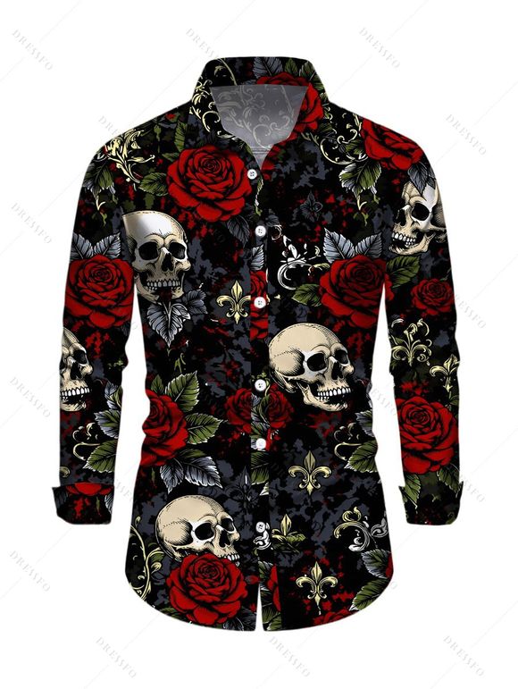 Halloween Gothic Couple Outfit Rose Floral Leaf Skulls Print O Ring Buckle Strap Zipper Lace Up Mini Dress and Shirt Set - Noir S | US 4