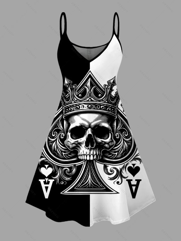 Gothic Couple Outfit Colorblock Skull Crown Poker Playing‑Card Print Spaghetti Strap Mini Dress and Shirt Set - Noir S | US 4